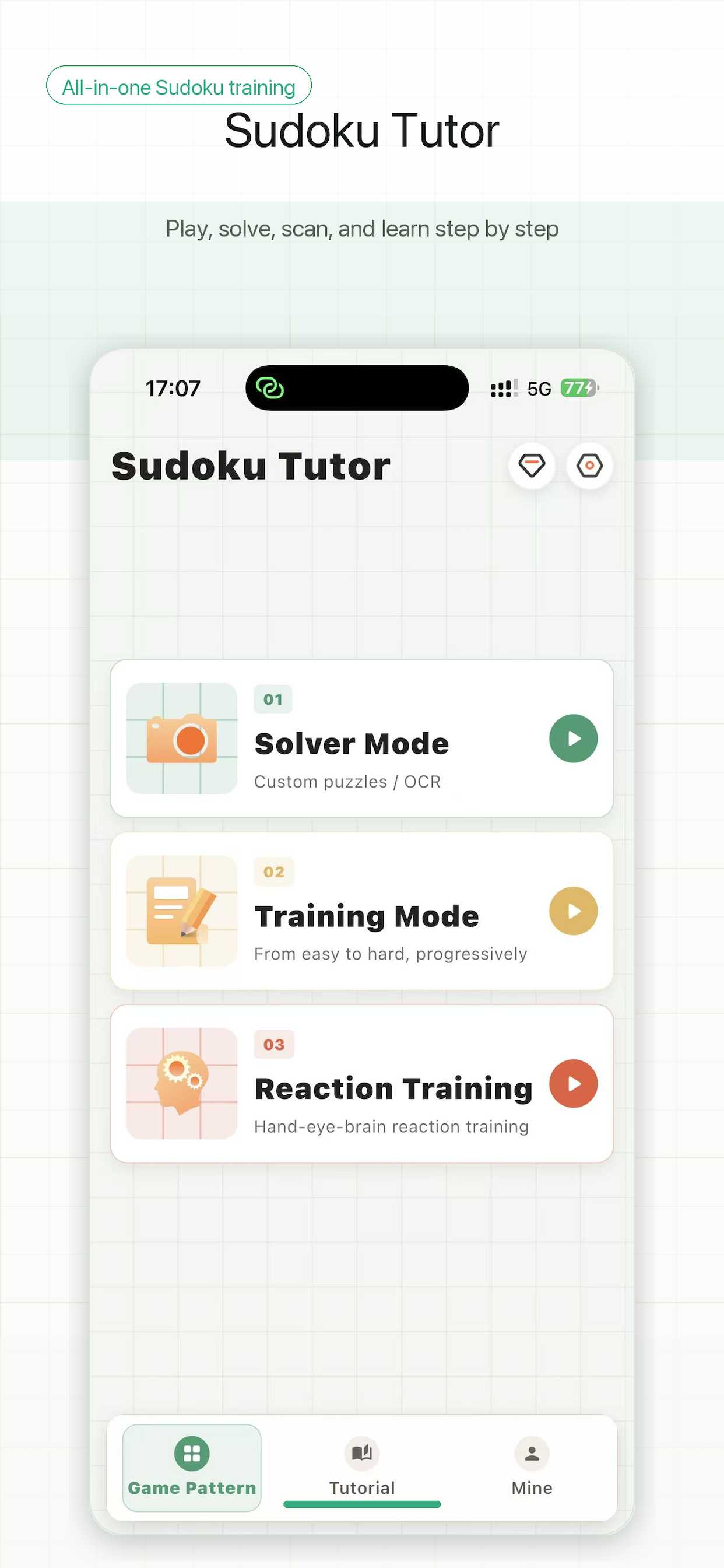 Sudoku Tutor home screen showing solver mode, training mode, and reaction training