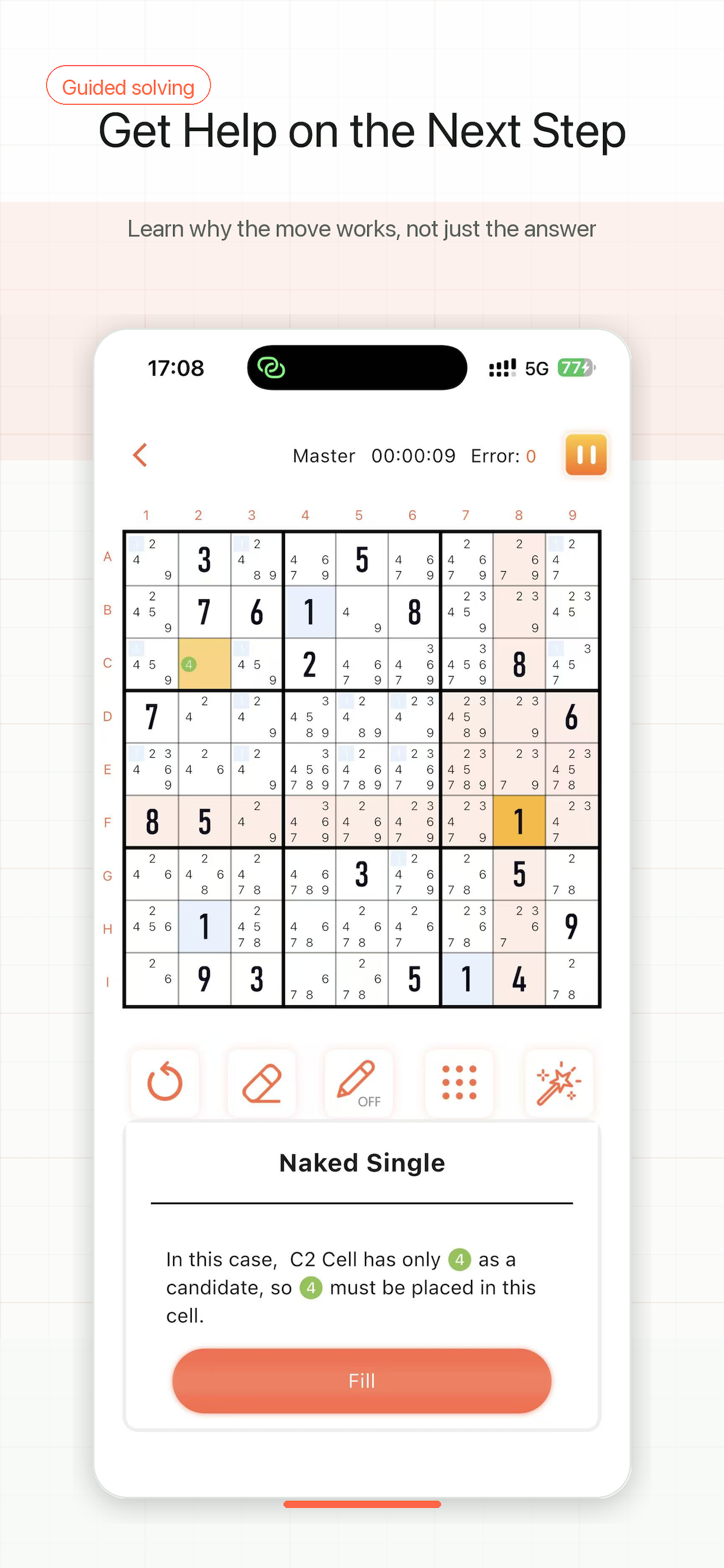 Sudoku Tutor guided solving screen with next step explanation