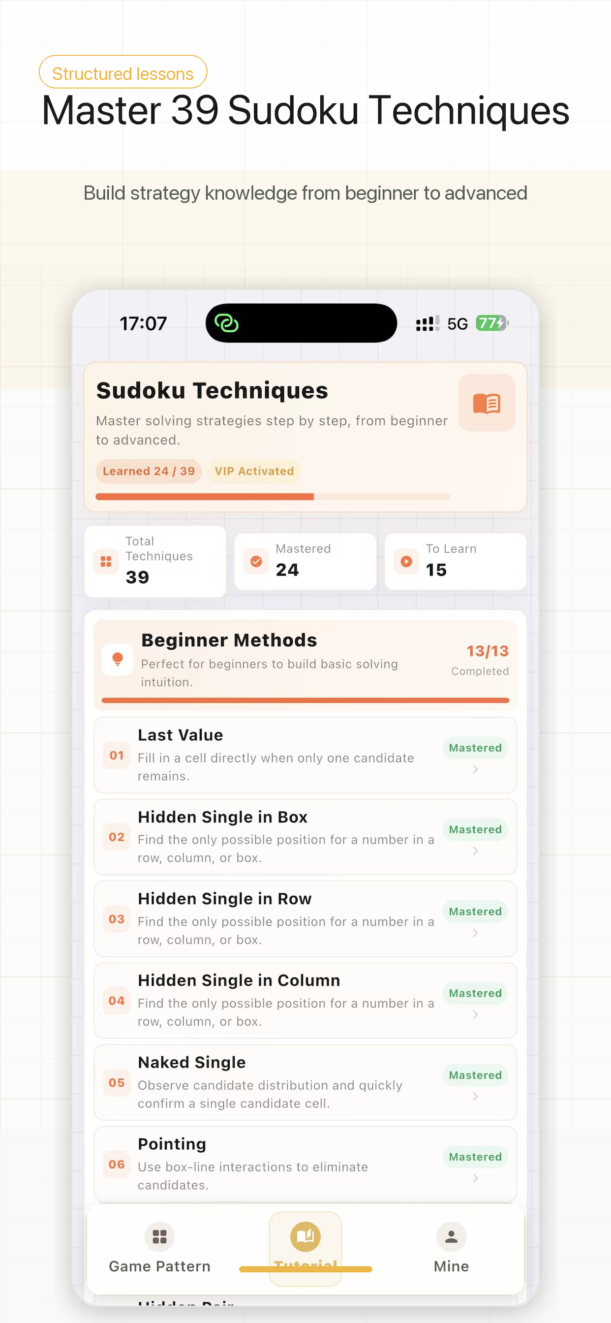 Sudoku technique lesson list with progress